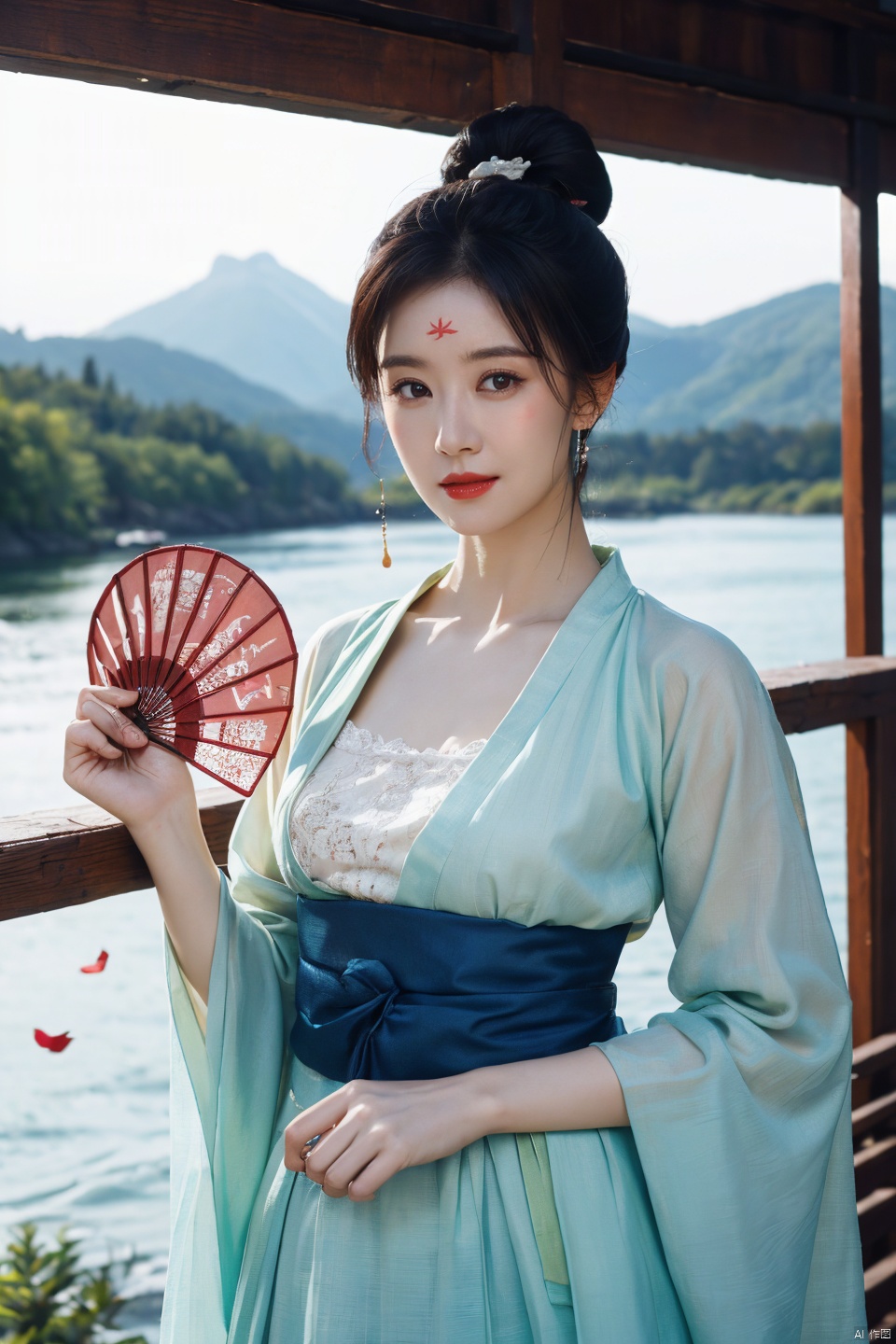  ((huadian)),((detailed red_forehead_mark:1.3)), 4k, photo, realistic, best quality,highres,ultra-detailed,ultra high res,((photorealistic, 8K)),wide_shot,upper body,solo_focus,Tang dynasty,(((looking_at_viewer:1.6))),(beauty milf:1.5), (black hair,low-tied_updo),hairpin,cool and seductive, aqua_eyes, (fair skin), tender skin,standing,(owe_blue Hanfu lace long skirt:1.2), {{hands_invisible,arms_down,coverd_hands by long sleeves:1.3}},((Under the bare_tree,mountains and rivers in the distance)),(falling_petals:1.2),((holding_fan,folding_fan:1.2)),chinese_traditional_fan,pendant,wind,pale_color,wooden_straw_boat,autumn,((perfect_hand)),jjw,china dress,hanfu,beautiful volumetric-lighting-style atmosphere,