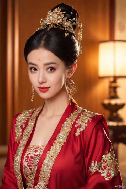  ((huadian)),close-up,High detail RAW color front view Picture of a stunning beautiful chinese girl,((light_smile)),((solo_focus,centered,looking at viewer:1.3)),(face_focus:1.2),((Her low-tied_updo with jewelry_accessories)),very_long_chain_earrings_with_green_drop,tiara,tassel,((intricated hair_ornament:1.2)),pale_skin,kanzashi,lipstick,chinese clothes,hair stick,parted lips,black_hair,ancient,gold embroidery,((intricated details:1.2)),((32k,RAW photo,best quality, masterpiece:1.2)),(photorealistic,Realistic:1.37),cinematic lighting,film still,atmosphere,ultra-detailed_face,detailed_eyes,long eyelashes,ultra-detailed skin and clothes,forehead,headwear,Her divine attire is resplendent with jewels,{{red_forehead_mark:1.2}}, huadian, red and gold dress,palace interior,chinese traditional wooden bed,candles,lantern,vase, Light master