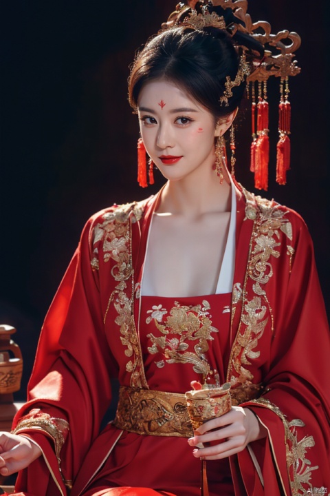  ((huadian)),wide_shot,High detail RAW color Picture of a stunning beautiful chinese girl drinking wine at tabel in rockery,red dress with gold embroidery,seductive_pose,drunk,laying back,dancing,(((night,moon:1.1))),Ancient wine pot,((full_body,light_smile)),((solo_focus:1.3)),((Her low-tied_updo with jewelry_accessories)),very_long_chain_earrings_with_green_drop,tiara,parted lips,very_long_hair,ancient,embroidery,((intricated details:1.2)),((32k,RAW photo,best quality, masterpiece:1.2)),(photorealistic,Realistic:1.37),cinematic dark lighting,film still,atmosphere,(ultra-detailed_face,detailed_eyes),long eyelashes,ultra-detailed skin and clothes,forehead,headwear,Her divine attire is resplendent with jewels,{{red_forehead_mark:1.2}}, ((detailed forehead_mark)),huadian, Light master,chinese dress,((red dress,Hanfu)),stone,outdoors,outside palace,leaf, (low key,gloom),tree,waterdrop,{{coverd_hand,Traditional bronze drinking vessels,chinese Bronze_ware_wine_vessels:1.3}},updo,veil,red forehead_mark,falling_petals, red and gold dress