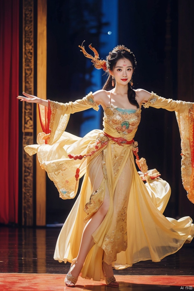((huadian)),((wide_shot:1.3)),High detail RAW color Picture of a stunning beautiful chinese girl dancing in rockery,gold dress with embroidery,silhouette_of_Ancient_emperors in foreground,Ancient String Orchestra Performance in her back,(the dress sways with the wind:1.1),((dancing,looking_at_viewer)),motion,ligth_blush,(((dancing_pose,night,sky,:1.1))),huge moon background,one hand raised,red silk belt flying over arms,barefoot,lute (instrument),guqin,Vertical drum,fullmoon,pavilion,Ancient wine pot,((full_body,bare_shoulders,light_smile)),((solo_focus:1.3)),((Her low-tied_updo with jewelry_accessories)),very_long_chain_earrings_with_green_drop,tiara,hair_ornament,parted lips,very_long_hair,ancient,embroidery,((intricated details:1.2)),((32k,RAW photo,best quality, masterpiece:1.2)),(photorealistic,Realistic:1.37),cinematic dark lighting,film still,atmosphere,(ultra-detailed_face,detailed_eyes),long eyelashes,ultra-detailed skin and clothes,forehead,headwear,Her divine attire is resplendent with jewels,{{red_forehead_mark}}, ((detailed forehead_mark)),huadian, Light master,chinese dress,((Hanfu)),stone,outdoors,outside palace, (low key,gloom),{{coverd_hand by long sleeves:1.3}},updo,red and gold dress, chang,(cleavage:0.7),long sleeves,floral print, jjw,white dress,dress,china dress,hanfu,print dress,robe