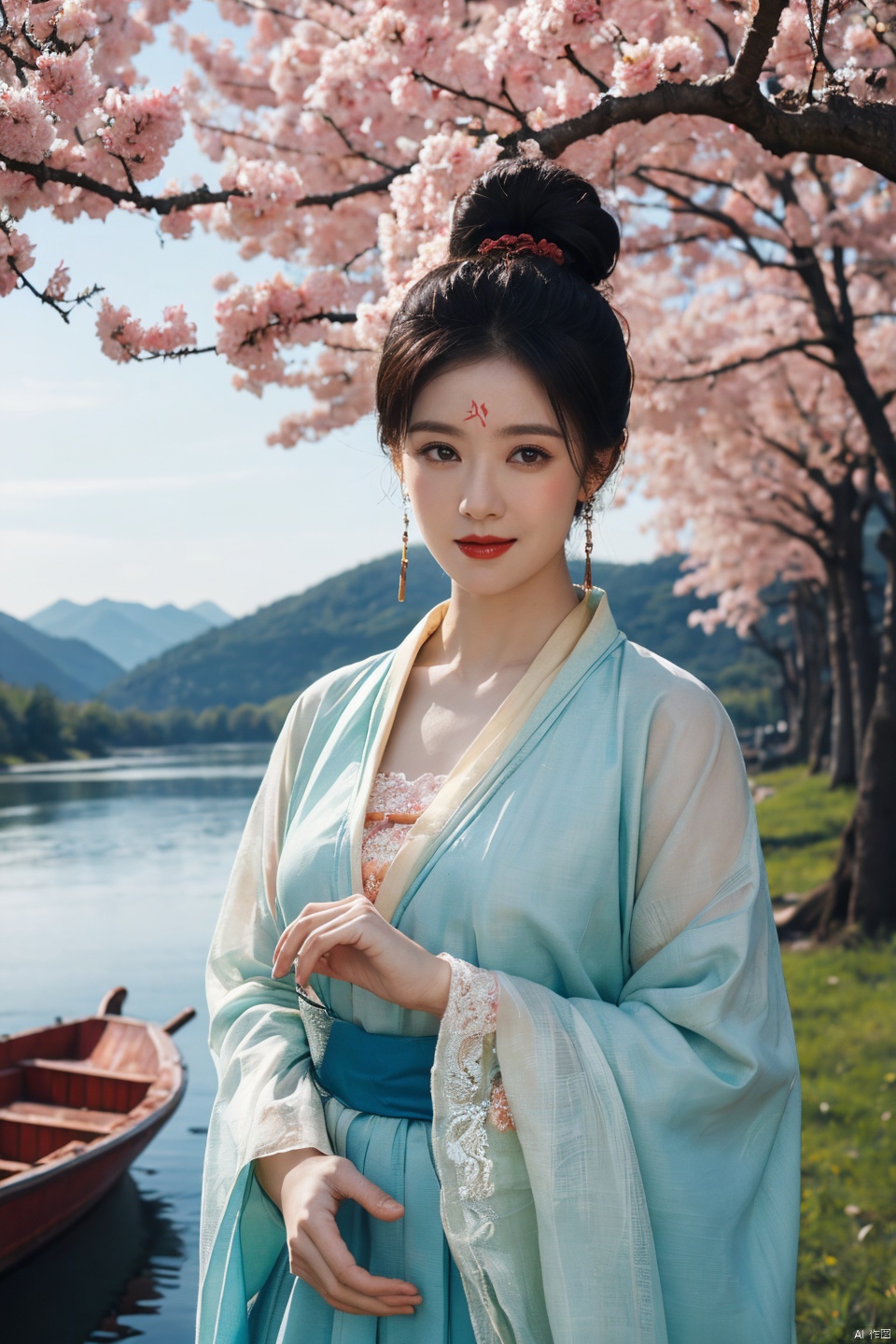 ((huadian)),((detailed red_forehead_mark:1.3)), 4k, photo, realistic, best quality,highres,ultra-detailed,ultra high res,((photorealistic, 8K)),upper body,solo_focus,Tang dynasty,(((looking_at_viewer:1.6))),(beauty milf:1.5), (black hair,low-tied_updo),hairpin,cool and seductive, aqua_eyes, (fair skin), tender skin,standing,(owe_blue Hanfu lace long skirt:1.2), {{hands_invisible,coverd_hands by long sleeves:1.3}},((Under the peach bare_tree,mountains and rivers in the distance)),(falling_petals:1.2),wind,pale_color,wooden_straw_boat,oil-paper_umbrella,autumn,((perfect_hand)),jjw,china dress,hanfu,beautiful volumetric-lighting-style atmosphere,