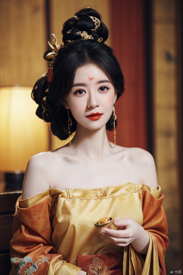 ((huadian)),((wide_shot:1.3)),High detail RAW color Picture of a stunning beautiful chinese girl dressing up in a golden house,gauze,gold dress with embroidery,east_dragon_embroidery,chinese_emperor_costume,strapless,bandeau,((gold_bed_sheet with red_trim:1.3)),ligth_blush,((see-through:1.2)),(palace interior,chinese traditional wooden table,red_candles,candlestick),(lantern,censer,vase)background,traditional media,pavilion,chinese_architecture,((upper_body,bare_shoulders,open_mouth)),((solo_focus:1.3)),((Her low-tied_updo with jewelry_accessories,updo)),very_long_chain_earrings_with_green_drop,tiara,hair_ornament,((parted lips)),ancient,embroidery,((intricated details:1.2)),((32k,RAW photo,best quality, masterpiece:1.2)),(photorealistic,Realistic:1.37),cinematic dark lighting,film still,atmosphere,(ultra-detailed_face,detailed_eyes),long eyelashes,ultra-detailed skin and clothes,forehead,headwear,Her divine attire is resplendent with jewels,{{forehead_mark}}, ((detailed forehead_mark)),huadian, Light master,chinese dress,((Hanfu)),(low key,gloom),{{coverd_hand by long sleeves:1.3}},updo,chang,(cleavage:0.7),long sleeves,floral print, jjw,china dress,hanfu,print dress,robe,red and gold dress,man and a sexy woman cludding,beautiful volumetric-lighting-style atmosphere,