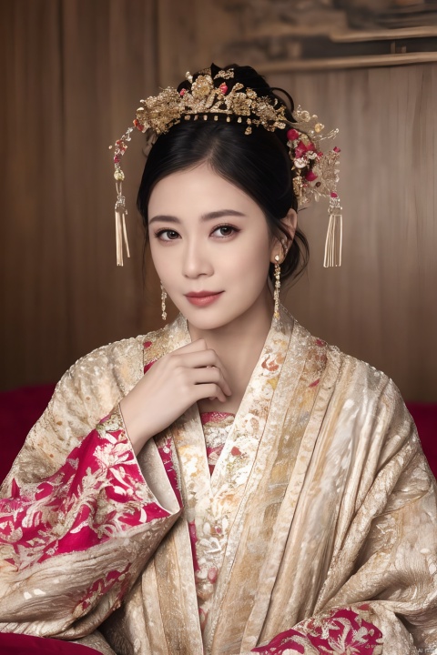 face_focus,((milf,looking at viewer:1.2)), (35 y.o.),portrait,updo,hair_bun, black_hair,(centered:1.2),red and gold dress,tiara,Red Dress,hanfu,chinese_clothes,east_asian_architecture,palace,Hair_decorations, embroidered flower patterns,bead_string, applique and embroidery,vibrant, outfit,front, colorful, solo,shirt,((1girl)),cold attitude,((wooden bed,:1.2)),detailed face,detailed eyelashes,(8k, RAW photo, best quality, masterpiece:1.2), (realistic, photo-realistic:1.37), jjw,