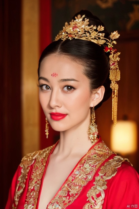  ((huadian)),close-up,High detail RAW color front view Picture of a stunning beautiful chinese girl,((light_smile)),((solo_focus,centered,looking at viewer:1.3)),(face_focus:1.2),((Her low-tied_updo with jewelry_accessories)),very_long_chain_earrings_with_green_drop,tiara,tassel,((intricated hair_ornament:1.2)),pale_skin,kanzashi,lipstick,chinese clothes,hair stick,parted lips,black_hair,ancient,gold embroidery,((intricated details:1.2)),((32k,RAW photo,best quality, masterpiece:1.2)),(photorealistic,Realistic:1.37),cinematic lighting,film still,atmosphere,ultra-detailed_face,detailed_eyes,long eyelashes,ultra-detailed skin and clothes,forehead,headwear,Her divine attire is resplendent with jewels,{{red_forehead_mark:1.2}}, huadian, red and gold dress,palace interior,chinese traditional wooden bed,candles,lantern,vase,