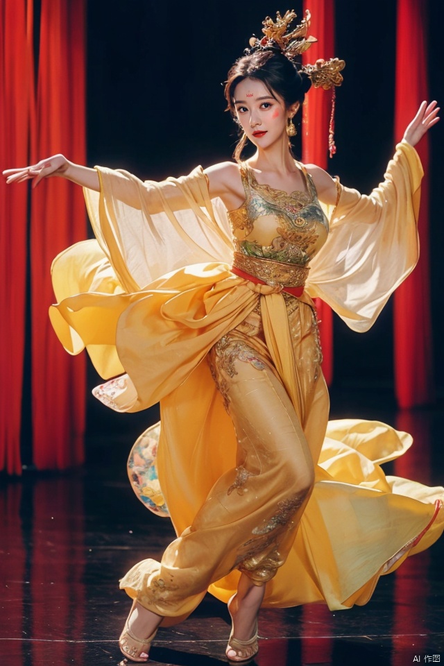 ((huadian)),((wide_shot:1.3)),High detail RAW color Picture of a stunning beautiful chinese girl dancing in rockery,gold dress with embroidery,(the dress sways with the wind:1.1),((dancing,looking_at_viewer)),motion,ligth_blush,(((dancing_pose,night,sky,:1.1))),huge moon background,one hand raised,red silk belt flying over arms,barefoot,holding a huge lute (instrument),Vertical drum,fullmoon,pavilion,Ancient wine pot,((full_body,bare_shoulders,light_smile)),((solo_focus:1.3)),((Her low-tied_updo with jewelry_accessories)),very_long_chain_earrings_with_green_drop,tiara,hair_ornament,parted lips,very_long_hair,ancient,embroidery,((intricated details:1.2)),((32k,RAW photo,best quality, masterpiece:1.2)),(photorealistic,Realistic:1.37),cinematic dark lighting,film still,atmosphere,(ultra-detailed_face,detailed_eyes),long eyelashes,ultra-detailed skin and clothes,forehead,headwear,Her divine attire is resplendent with jewels,{{red_forehead_mark}}, ((detailed forehead_mark)),huadian, Light master,chinese dress,((Hanfu)),stone,outdoors,outside palace, (low key,gloom),{{coverd_hand by long sleeves:1.3}},updo,red and gold dress, chang,(cleavage:0.7),long sleeves,floral print, jjw,white dress,dress,china dress,hanfu,print dress,robe