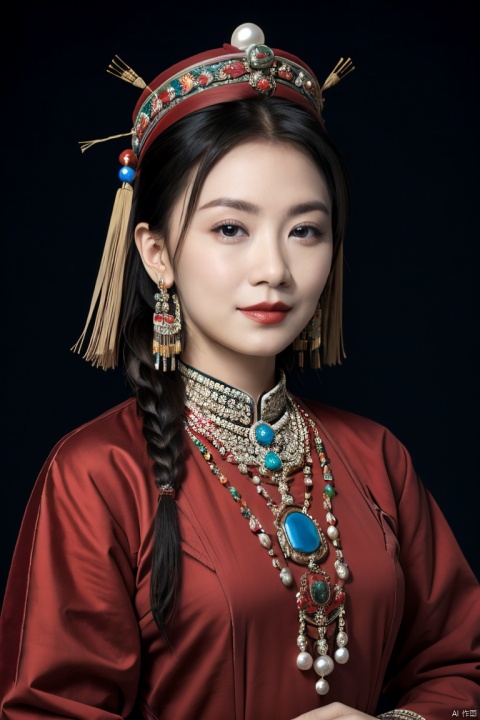  front view of an ancient elegant Mongolian aristocratic young girl,{{donning Mongolian_pointed_hat_with_multiseriate_pearl_strings and Mongolian colourful_dress}},close-up,((portrait)),Mongol ethnic minority,(Mongolian mixed_colors_costume,Yuan dynasty,ancient:1.2),headwear,braid,dress appropriately,(wear accessories:1.4),((Her divine attire is resplendent with jewels,multiseriate long strings of pearls Hanging down from hat)),((decorative patterns and gems on hat,pearl:1.4)),jewelry,tassels,forehead_jewel,gem,necklace,pearl_earrings,Tassel pearl_earrings,finely detailed eyes and face,brown eyes,((meticulous_high_hat,rich colors:1.2)),colourful,chinese,
divine aura,soft realistic lighting,Charming eyes,parted_lips,bun_(hairstyle),{{{updo,short_hair,looking_at_viewer:1.3}}},exquisite facial features,Mongolian yurts grassland background,perfect lighting,(masterpiece,realistic,best quality,highly detailed,Ultra High Resolution:1.2),(photorealistic,realistic:1.3) (Photo Art, profession),sw,1girl, Light master,shadow,blurry_background, jjw,light_smile,