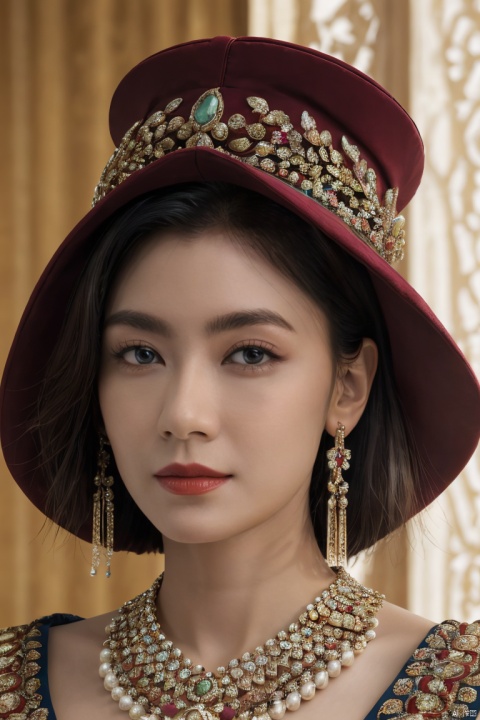  front view of an ancient elegant Mongolian aristocratic young girl,{{donning Mongolian_pointed_hat and Mongolian colourful_dress}},close-up,((portrait)),Mongol ethnic minority,(Mongolian mixed_colors_costume,Yuan dynasty,ancient:1.2),headwear,braid,dress appropriately,(wear accessories:1.4),((Her divine attire is resplendent with jewels,jewels and pearl tassels Hanging down from the brim of hat)),((decorative patterns and gems on hat,tassels,pearl:1.2)),jewelry,forehead_jewel,gem,necklace,pearl_earrings,Tassel earrings,finely detailed eyes and face,brown eyes,((meticulous_high_hat,rich colors:1.2)),colourful,chinese,
divine aura,soft realistic lighting,Charming eyes,parted_lips,bun_(hairstyle),{{{updo,short_hair,looking_at_viewer:1.3}}},exquisite facial features,Mongolian yurts grassland background,perfect lighting,(masterpiece,realistic,best quality,highly detailed,Ultra High Resolution:1.2),(photorealistic,realistic:1.3) (Photo Art, profession),sw,1girl, Light master,shadow,blurry_background, jjw,