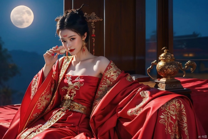  ((huadian)),wide_shot,High detail RAW color Picture of a stunning beautiful chinese girl drinking wine at tabel in rockery,red dress with gold embroidery,half-closed_eyes,((drunk,laying back)),dancing,(((night,sky,blush,moon:1.3))),Ancient wine pot,((full_body,bare_shoulders,light_smile)),((solo_focus:1.3)),((Her low-tied_updo with jewelry_accessories)),very_long_chain_earrings_with_green_drop,tiara,parted lips,very_long_hair,ancient,embroidery,((intricated details:1.2)),((32k,RAW photo,best quality, masterpiece:1.2)),(photorealistic,Realistic:1.37),cinematic dark lighting,film still,atmosphere,(ultra-detailed_face,detailed_eyes),long eyelashes,ultra-detailed skin and clothes,forehead,headwear,Her divine attire is resplendent with jewels,{{red_forehead_mark:1.2}}, ((detailed forehead_mark)),huadian, Light master,chinese dress,((red dress,Hanfu)),stone,outdoors,outside palace,leaf, (low key,gloom),tree,waterdrop,{{coverd_hand,Traditional bronze drinking vessels,chinese Bronze_ware_wine_vessels:1.3}},updo,veil,red forehead_mark,falling_petals, red and gold dress