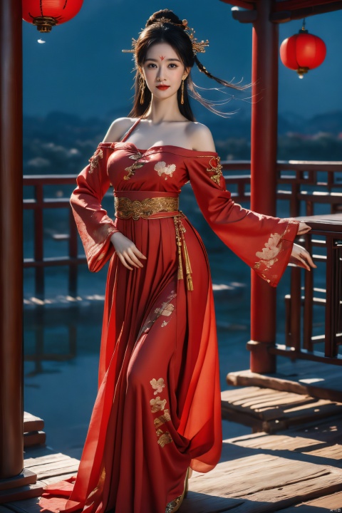 ((huadian)),((wide_shot:1.3)),High detail RAW color Picture of a stunning beautiful chinese girl dancing in rockery,pink dress with gold embroidery,((dancing,looking_at_viewer)),motion,ligth_blush,(((dancing_pose,night,sky,:1.1))),((huge moon background)),pavilion,Ancient wine pot,((full_body,bare_shoulders,light_smile)),((solo_focus:1.3)),((Her low-tied_updo with jewelry_accessories)),very_long_chain_earrings_with_green_drop,tiara,hair_ornament,parted lips,very_long_hair,ancient,embroidery,((intricated details:1.2)),((32k,RAW photo,best quality, masterpiece:1.2)),(photorealistic,Realistic:1.37),cinematic dark lighting,film still,atmosphere,(ultra-detailed_face,detailed_eyes),long eyelashes,ultra-detailed skin and clothes,forehead,headwear,Her divine attire is resplendent with jewels,{{red_forehead_mark}}, ((detailed forehead_mark)),huadian, Light master,chinese dress,((red dress,Hanfu)),stone,outdoors,outside palace, (low key,gloom),tree,{{coverd_hand by long sleeves:1.3}},updo,red and gold dress, chang,(cleavage:0.7),long sleeves,floral print, jjw