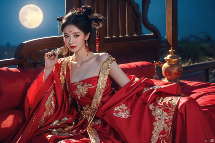  ((huadian)),wide_shot,High detail RAW color Picture of a stunning beautiful chinese girl drinking wine at tabel in rockery,red dress with gold embroidery,half-closed_eyes,((drunk,laying back)),dancing,(((night,sky,blush,moon:1.3))),Ancient wine pot,((full_body,bare_shoulders,light_smile)),((solo_focus:1.3)),((Her low-tied_updo with jewelry_accessories)),very_long_chain_earrings_with_green_drop,tiara,parted lips,very_long_hair,ancient,embroidery,((intricated details:1.2)),((32k,RAW photo,best quality, masterpiece:1.2)),(photorealistic,Realistic:1.37),cinematic dark lighting,film still,atmosphere,(ultra-detailed_face,detailed_eyes),long eyelashes,ultra-detailed skin and clothes,forehead,headwear,Her divine attire is resplendent with jewels,{{red_forehead_mark:1.2}}, ((detailed forehead_mark)),huadian, Light master,chinese dress,((red dress,Hanfu)),stone,outdoors,outside palace,leaf, (low key,gloom),tree,waterdrop,{{coverd_hand,holding a large Traditional bronze drinking vessels,chinese Bronze_ware_wine_vessels:1.3}},updo,veil,red forehead_mark,falling_petals, red and gold dress