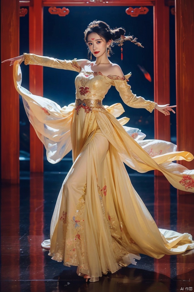 ((huadian)),((wide_shot:1.3)),High detail RAW color Picture of a stunning beautiful chinese girl dancing in rockery,gold dress with embroidery,(the dress sways with the wind:1.1),((dancing,looking_at_viewer)),motion,ligth_blush,(((dancing_pose,night,sky,:1.1))),huge moon background,red silk belt flying over arms,barefoot,holding a huge lute (instrument),fullmoon,pavilion,Ancient wine pot,((full_body,bare_shoulders,light_smile)),((solo_focus:1.3)),((Her low-tied_updo with jewelry_accessories)),very_long_chain_earrings_with_green_drop,tiara,hair_ornament,parted lips,very_long_hair,ancient,embroidery,((intricated details:1.2)),((32k,RAW photo,best quality, masterpiece:1.2)),(photorealistic,Realistic:1.37),cinematic dark lighting,film still,atmosphere,(ultra-detailed_face,detailed_eyes),long eyelashes,ultra-detailed skin and clothes,forehead,headwear,Her divine attire is resplendent with jewels,{{red_forehead_mark}}, ((detailed forehead_mark)),huadian, Light master,chinese dress,((Hanfu)),stone,outdoors,outside palace, (low key,gloom),{{coverd_hand by long sleeves:1.3}},updo,red and gold dress, chang,(cleavage:0.7),long sleeves,floral print, jjw,white dress,dress,china dress,hanfu,print dress,robe