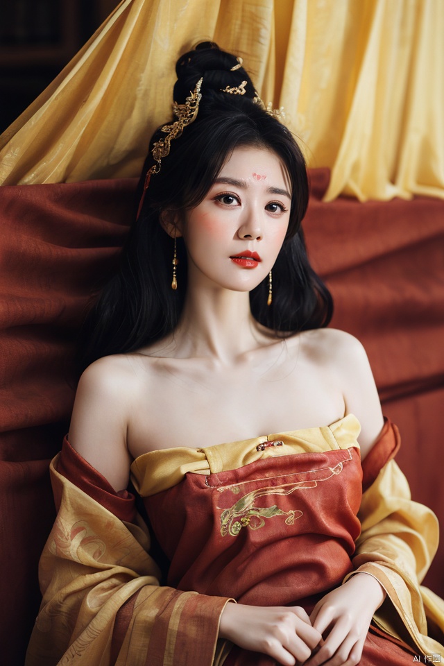 ((huadian)),((wide_shot:1.3)),High detail RAW color Picture of a stunning beautiful chinese girl laying back in a hibiscus tent,gauze_tent,gold dress with embroidery,east_dragon_embroidery,chinese_emperor_costume,((gold_bed_sheet with red_trim:1.3)),((from above,looking_at_viewer)),ligth_blush,((see-through:1.2)),(palace interior,chinese traditional wooden bed,red_candles,candlestick,lantern,censer,vase),traditional media,pavilion,chinese_architecture,((upper_body,bare_shoulders,open_mouth)),((solo_focus:1.3)),((Her low-tied_updo with jewelry_accessories)),very_long_chain_earrings_with_green_drop,tiara,hair_ornament,((parted lips)),ancient,embroidery,((intricated details:1.2)),((32k,RAW photo,best quality, masterpiece:1.2)),(photorealistic,Realistic:1.37),cinematic dark lighting,film still,atmosphere,(ultra-detailed_face,detailed_eyes),long eyelashes,ultra-detailed skin and clothes,forehead,headwear,Her divine attire is resplendent with jewels,{{forehead_mark}}, ((detailed forehead_mark)),huadian, Light master,chinese dress,((Hanfu)),(low key,gloom),{{coverd_hand by long sleeves:1.3}},updo,chang,(cleavage:0.7),long sleeves,floral print, jjw,china dress,hanfu,print dress,robe,red and gold dress,man and a sexy woman cludding,beautiful volumetric-lighting-style atmosphere,