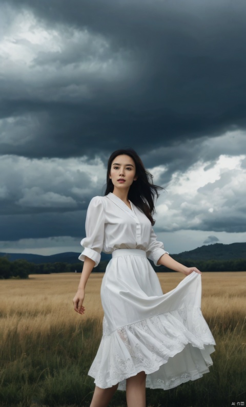  elegant asian woman in a white Chiffon dress,standing in a field,dynamic pose,(the skirt sways with the wind:1.2),{arms_behind_back:1.2},(blackpantyhose),print legwear,Charming eyes,{{looking_at_viewer,looking_down}},exquisite facial features,slim legs,on the eve of the storm,dark clouds,cumulonimbus,solitary and mysterious atmosphere,graceful yet melancholic posture,full shot,dutch angle,from_front,cowboy_shot,soft lighting,outdoor,natural landscape,dramatic,perfect lighting,(masterpiece, realistic, best quality, highly detailed, Ultra High Resolution, Photo Art, profession,cinematic_angle),plns,sw,1girl, songjia