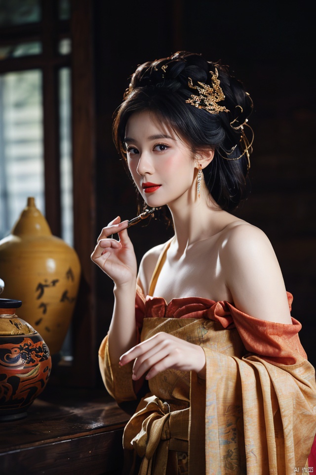 ((huadian)),((wide_shot:1.3)),High detail RAW color profile Picture of a stunning beautiful chinese girl against a copper_mirror in a golden house,put make-up on own face, and brushing hair with Wooden comb,gauze,gold dress with embroidery,east_dragon_embroidery,chinese_emperor_costume,strapless,bandeau,((gold_bed_sheet with red_trim:1.3)),ligth_blush,((holding a Wooden comb,hand on own head,side view,see-through:1.2)),(palace interior,chinese traditional wooden table,red_candles,candlestick),(lantern,censer,vase)background,traditional media,pavilion,chinese_architecture,((upper_body,bare_shoulders,open_mouth)),((solo_focus:1.3)),((Her low-tied_updo with jewelry_accessories,updo)),very_long_chain_earrings_with_green_drop,tiara,hair_ornament,((parted lips)),ancient,embroidery,((intricated details:1.2)),((32k,RAW photo,best quality, masterpiece:1.2)),(photorealistic,Realistic:1.37),cinematic dark lighting,film still,atmosphere,(ultra-detailed_face,detailed_eyes),long eyelashes,ultra-detailed skin and clothes,forehead,headwear,Her divine attire is resplendent with jewels,{{forehead_mark}}, ((detailed forehead_mark)),huadian, Light master,chinese dress,((Hanfu)),(low key,gloom),{{coverd_hand by long sleeves:1.3}},updo,chang,(cleavage:0.7),long sleeves,floral print, jjw,china dress,hanfu,print dress,robe,red and gold dress,man and a sexy woman cludding,beautiful volumetric-lighting-style atmosphere,