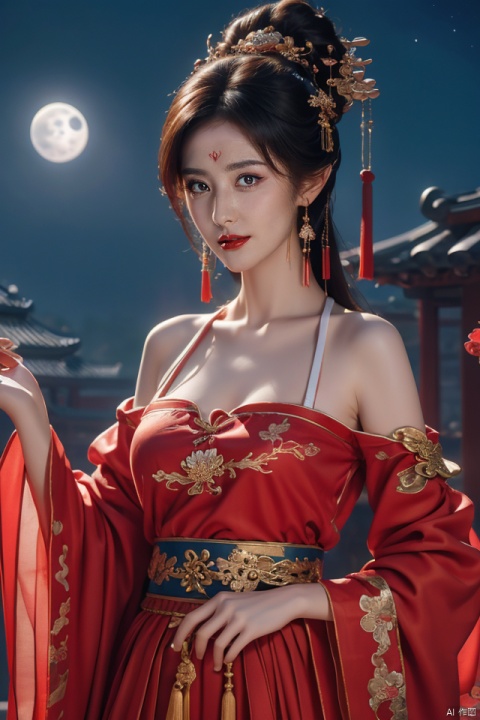 ((huadian)),wide_shot,High detail RAW color Picture of a stunning beautiful chinese girl dancing in rockery,pink dress with gold embroidery,((dancing,looking_at_viewer)),(((night,sky,moon:1.3))),Ancient wine pot,((full_body,bare_shoulders,light_smile)),((solo_focus:1.3)),((Her low-tied_updo with jewelry_accessories)),very_long_chain_earrings_with_green_drop,tiara,parted lips,very_long_hair,ancient,embroidery,((intricated details:1.2)),((32k,RAW photo,best quality, masterpiece:1.2)),(photorealistic,Realistic:1.37),cinematic dark lighting,film still,atmosphere,(ultra-detailed_face,detailed_eyes),long eyelashes,ultra-detailed skin and clothes,forehead,headwear,Her divine attire is resplendent with jewels,{{red_forehead_mark:1.2}}, ((detailed forehead_mark)),huadian, Light master,chinese dress,((red dress,Hanfu)),stone,outdoors,outside palace,leaf, (low key,gloom),tree,{{coverd_hand,long sleeves:1.3}},updo,red forehead_mark,falling_petals, red and gold dress
