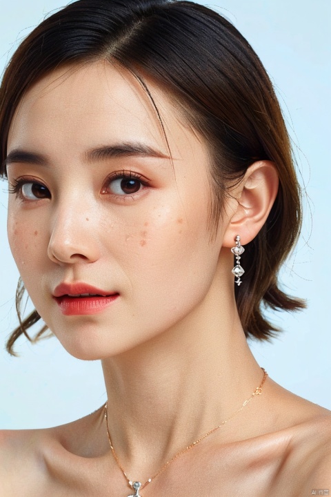  {High detail RAW color portrait of gorgeous woman},{{front view}},1girl,ultra_detailed_face,(((closed_mouth,looking at viewer:1.35))),detailed_eyes,songjia, solo, 1girl,milf, jewelry, earrings, realistic, necklace, simple background, looking at viewer, portrait, freckles, short hair, white background, smile, lips, eyelashes,{simple_background},((32k,RAW photo,best quality, masterpiece:1.2)),(photorealistic,Realistic:1.3),bokeh, ,hand up, laugh lines,upper body, songjia, Asian girl, Light master