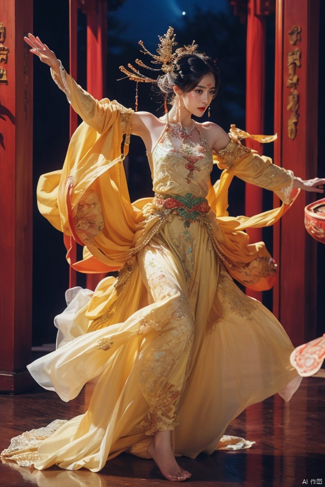 ((huadian)),((wide_shot:1.3)),High detail RAW color Picture of a stunning beautiful chinese girl dancing in rockery,gold dress with embroidery,(the dress sways with the wind:1.1),((dancing,looking_at_viewer)),motion,ligth_blush,(((dancing_pose,night,sky,:1.1))),huge moon background,one hand raised,red silk belt flying over arms,barefoot,holding a huge lute (instrument),fullmoon,pavilion,Ancient wine pot,((full_body,bare_shoulders,light_smile)),((solo_focus:1.3)),((Her low-tied_updo with jewelry_accessories)),very_long_chain_earrings_with_green_drop,tiara,hair_ornament,parted lips,very_long_hair,ancient,embroidery,((intricated details:1.2)),((32k,RAW photo,best quality, masterpiece:1.2)),(photorealistic,Realistic:1.37),cinematic dark lighting,film still,atmosphere,(ultra-detailed_face,detailed_eyes),long eyelashes,ultra-detailed skin and clothes,forehead,headwear,Her divine attire is resplendent with jewels,{{red_forehead_mark}}, ((detailed forehead_mark)),huadian, Light master,chinese dress,((Hanfu)),stone,outdoors,outside palace, (low key,gloom),{{coverd_hand by long sleeves:1.3}},updo,red and gold dress, chang,(cleavage:0.7),long sleeves,floral print, jjw,white dress,dress,china dress,hanfu,print dress,robe