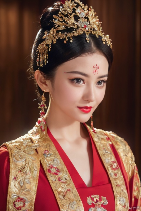  ((huadian)),close-up,High detail RAW color front view Picture of a stunning beautiful chinese girl,((light_smile)),((solo_focus,centered,looking at viewer:1.3)),(face_focus:1.2),((Her low-tied_updo with jewelry_accessories)),very_long_chain_earrings_with_green_drop,tiara,tassel,((intricated hair_ornament:1.2)),pale_skin,kanzashi,lipstick,chinese clothes,hair stick,parted lips,black_hair,ancient,gold embroidery,((intricated details:1.2)),((32k,RAW photo,best quality, masterpiece:1.2)),(photorealistic,Realistic:1.37),cinematic lighting,film still,atmosphere,ultra-detailed_face,detailed_eyes,long eyelashes,ultra-detailed skin and clothes,forehead,headwear,Her divine attire is resplendent with jewels,{{red_forehead_mark:1.2}}, ((detailed forehead_mark)),((petal_print)),huadian, red and gold dress,palace interior,chinese traditional wooden bed,candles,lantern,vase, Light master