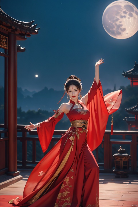 ((huadian)),((wide_shot:1.3)),High detail RAW color Picture of a stunning beautiful chinese girl dancing in rockery,pink dress with gold embroidery,((dancing,looking_at_viewer)),motion,hand_up,(((dancing_pose,night,sky,:1.1))),((huge moon background)),pavilion,Ancient wine pot,((full_body,bare_shoulders,light_smile)),((solo_focus:1.3)),((Her low-tied_updo with jewelry_accessories)),very_long_chain_earrings_with_green_drop,tiara,parted lips,very_long_hair,ancient,embroidery,((intricated details:1.2)),((32k,RAW photo,best quality, masterpiece:1.2)),(photorealistic,Realistic:1.37),cinematic dark lighting,film still,atmosphere,(ultra-detailed_face,detailed_eyes),long eyelashes,ultra-detailed skin and clothes,forehead,headwear,Her divine attire is resplendent with jewels,{{red_forehead_mark:1.2}}, ((detailed forehead_mark)),huadian, Light master,chinese dress,((red dress,Hanfu)),stone,outdoors,outside palace, (low key,gloom),tree,{{coverd_hand by long sleeves:1.3}},updo,red forehead_mark,falling_petals, red and gold dress