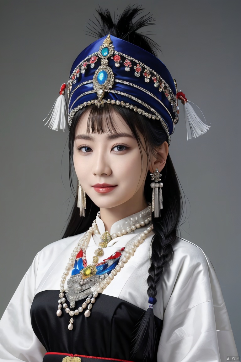  front view of an ancient elegant Mongolian aristocratic young girl,{{donning Mongolian_pointed_hat_with_multiseriate_pearl_strings and Mongolian colourful_dress}},close-up,((portrait)),Mongol ethnic minority,(Mongolian mixed_colors_costume,Yuan dynasty,ancient:1.2),headwear,braid,dress appropriately,(wear accessories:1.4),((Her divine attire is resplendent with jewels,multiseriate long strings of pearls Hanging down from hat)),((decorative patterns and gems on hat,tassels,pearl:1.4)),jewelry,forehead_jewel,gem,necklace,pearl_earrings,Tassel earrings,finely detailed eyes and face,brown eyes,((meticulous_high_hat,rich colors:1.2)),colourful,chinese,
divine aura,soft realistic lighting,Charming eyes,parted_lips,bun_(hairstyle),{{{updo,short_hair,looking_at_viewer:1.3}}},exquisite facial features,Mongolian yurts grassland background,perfect lighting,(masterpiece,realistic,best quality,highly detailed,Ultra High Resolution:1.2),(photorealistic,realistic:1.3) (Photo Art, profession),sw,1girl, Light master,shadow,blurry_background, jjw,light_smile,