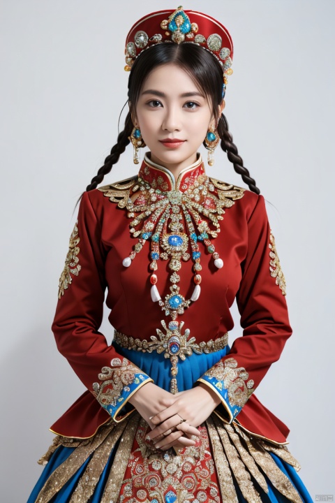  front view of an ancient elegant Mongolian aristocratic young girl,{{donning Mongolian_pointed_hat_with_multiseriate_pearl_strings and Mongolian colourful_dress}},close-up,((portrait)),Mongol ethnic minority,(Mongolian mixed_colors_costume,Yuan dynasty,ancient:1.2),headwear,braid,dress appropriately,(wear accessories:1.4),((Her divine attire is resplendent with jewels,multiseriate long strings of pearls Hanging down from hat)),((decorative patterns and gems on hat,pearl:1.4)),jewelry,tassels,forehead_jewel,gem,necklace,pearl_earrings,Tassel pearl_earrings,finely detailed eyes and face,brown eyes,((meticulous_high_hat,rich colors:1.2)),colourful,chinese,
divine aura,soft realistic lighting,Charming eyes,parted_lips,bun_(hairstyle),{{{updo,short_hair,looking_at_viewer:1.3}}},exquisite facial features,Mongolian yurts grassland background,perfect lighting,(masterpiece,realistic,best quality,highly detailed,Ultra High Resolution:1.2),(photorealistic,realistic:1.3) (Photo Art, profession),sw,1girl, Light master,shadow,blurry_background, jjw,light_smile,
