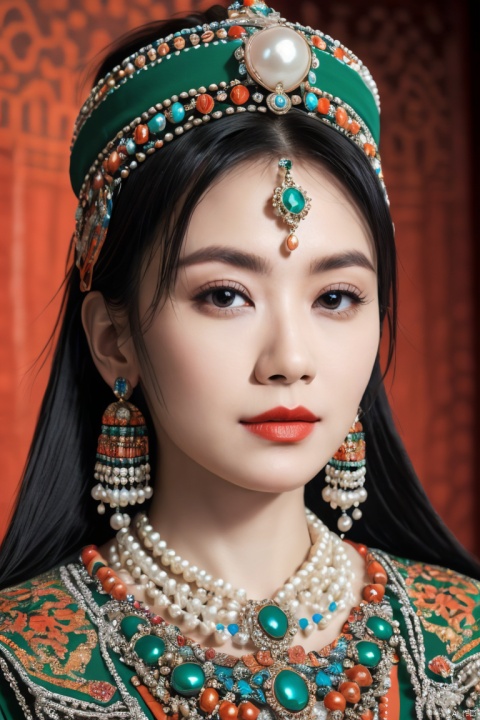  front view of an ancient elegant Mongolian aristocratic young girl,{{donning Mongolian_pointed_hat_with_multiseriate_pearl_strings and Mongolian colourful_dress}},close-up,((portrait)),Mongol ethnic minority,(Mongolian mixed_colors_costume,Yuan dynasty,ancient:1.2),headwear,braid,dress appropriately,(pearl_strings,wear accessories:1.4),((Her divine attire is resplendent with jewels,multiseriate long strings of pearls Hanging down from hat)),((decorative patterns and gems on hat,pearl:1.4)),jewelry,tassels,forehead_jewel,gem,necklace,pearl_earrings,Tassel pearl_earrings,finely detailed eyes and face,brown eyes,((meticulous_high_hat,rich colors:1.2)),colourful,chinese,
divine aura,soft realistic lighting,Charming eyes,parted_lips,bun_(hairstyle),{{{updo,short_hair,looking_at_viewer:1.3}}},exquisite facial features,Mongolian yurts grassland background,perfect lighting,(masterpiece,realistic,best quality,highly detailed,Ultra High Resolution:1.2),(photorealistic,realistic:1.3) (Photo Art, profession),sw,1girl, Light master,shadow,blurry_background, jjw,light_smile,