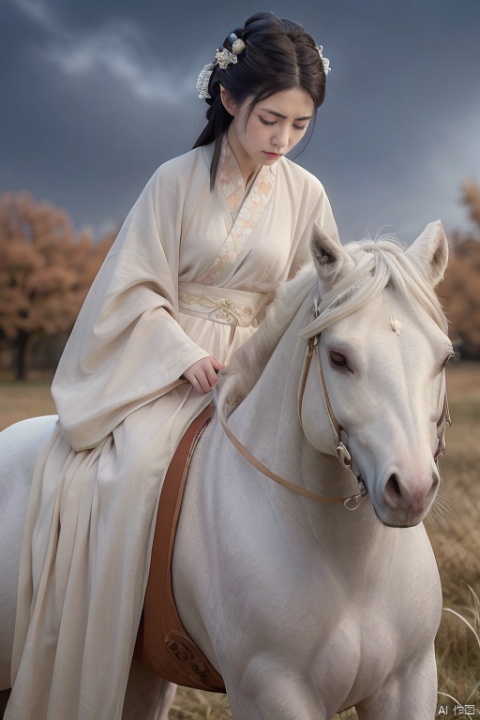  ((huadian)),wide_shot,High detail RAW color Picture of a stunning beautiful chinese girl holding a lute (instrument) on a white_horse,fur_red_and_white_cloak,(((bleak_autumn_grassland))),{white dress with floral_pattern},((sad,unhappy,riding on horse:1.25)),(((night,sky,bare_tree:1.3))),((full_body)),((solo_focus:1.3)),tiara,very_long_hair,ancient,((intricated details:1.2)),((32k,RAW photo,best quality, masterpiece:1.2)),(photorealistic,Realistic:1.37),cinematic dark lighting,film still,atmosphere,(ultra-detailed_face,detailed_eyes),long eyelashes,ultra-detailed skin and clothes,forehead, Light master,long chinese dress,chinese guitar,Hanfu,(han style),stone,outdoors,autumn_leaf, (low key,gloom),{{veil,falling_leaves,coverd_hand,holding a long musical_instrument,qin_(instrument),guqin:1.5}},updo,(((white dress:1.3))), han style, hanfu