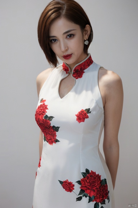 {{front view:1.3}},(((open_mouth,looking at viewer:1.3))),1girl, solo,dress, flower, chinese clothes, earrings,jewelry, white dress,china dress, rose, ((floral_print)), shadow, parted lips, short hair, red flower, sleeveless dress, sleeveless, lips, simple background, white background,((cheongsam,short_hair,updo:1.2)),cutout,{standing,full_body,cowboy_shot},((32k,RAW photo,best quality, masterpiece:1.2)),(photorealistic,Realistic:1.33),bokeh,(gloom_ambient_lighting),seductive,light_smile,
