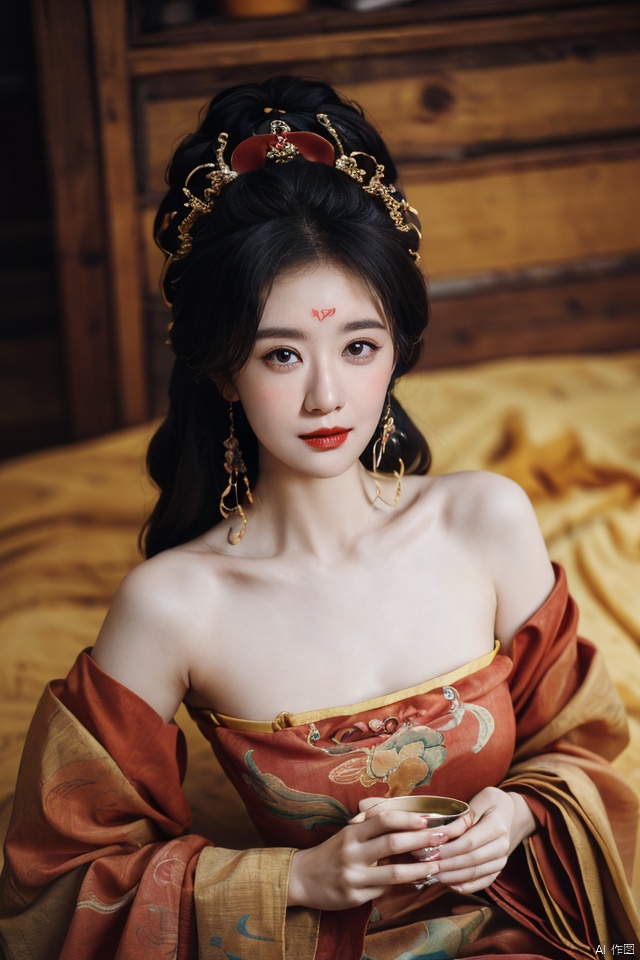 ((huadian)),((wide_shot:1.3)),High detail RAW color Picture of a stunning beautiful chinese girl laying back in a hibiscus tent,gauze_tent,gold dress with embroidery,east_dragon_embroidery,chinese_emperor_costume,bandeau,((gold_bed_sheet with red_trim:1.3)),((from above,looking_at_viewer)),ligth_blush,((see-through:1.2)),(palace interior,chinese traditional wooden bed,red_candles,candlestick,lantern,censer,vase),traditional media,pavilion,chinese_architecture,((upper_body,bare_shoulders,open_mouth)),((solo_focus:1.3)),((Her low-tied_updo with jewelry_accessories,updo)),very_long_chain_earrings_with_green_drop,tiara,hair_ornament,((parted lips)),ancient,embroidery,((intricated details:1.2)),((32k,RAW photo,best quality, masterpiece:1.2)),(photorealistic,Realistic:1.37),cinematic dark lighting,film still,atmosphere,(ultra-detailed_face,detailed_eyes),long eyelashes,ultra-detailed skin and clothes,forehead,headwear,Her divine attire is resplendent with jewels,{{forehead_mark}}, ((detailed forehead_mark)),huadian, Light master,chinese dress,((Hanfu)),(low key,gloom),{{coverd_hand by long sleeves:1.3}},updo,chang,(cleavage:0.7),long sleeves,floral print, jjw,china dress,hanfu,print dress,robe,red and gold dress,man and a sexy woman cludding,beautiful volumetric-lighting-style atmosphere,