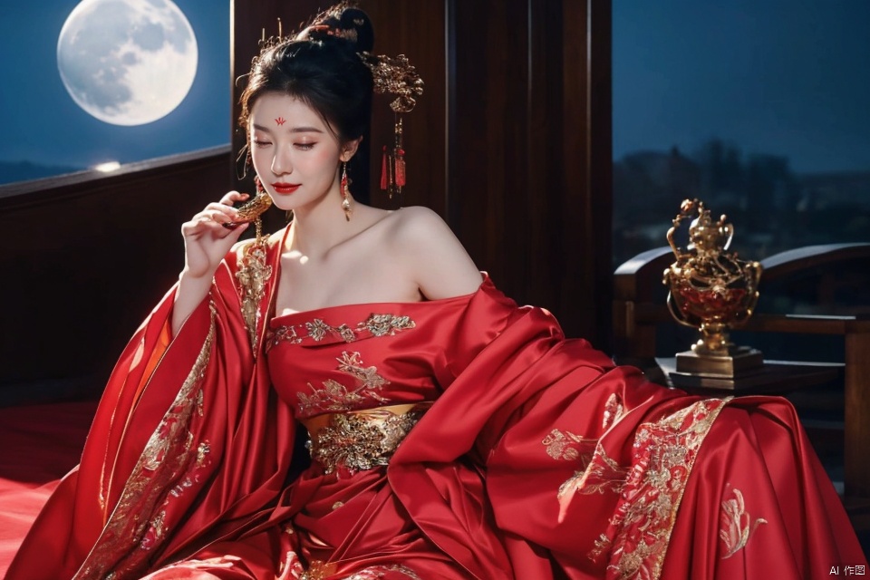  ((huadian)),wide_shot,High detail RAW color Picture of a stunning beautiful chinese girl drinking wine at tabel in rockery,red dress with gold embroidery,((half-closed_eyes,drunk,laying back)),dancing,(((night,sky,blush,moon:1.3))),Ancient wine pot,((full_body,bare_shoulders,light_smile)),((solo_focus:1.3)),((Her low-tied_updo with jewelry_accessories)),very_long_chain_earrings_with_green_drop,tiara,parted lips,very_long_hair,ancient,embroidery,((intricated details:1.2)),((32k,RAW photo,best quality, masterpiece:1.2)),(photorealistic,Realistic:1.37),cinematic dark lighting,film still,atmosphere,(ultra-detailed_face,detailed_eyes),long eyelashes,ultra-detailed skin and clothes,forehead,headwear,Her divine attire is resplendent with jewels,{{red_forehead_mark:1.2}}, ((detailed forehead_mark)),huadian, Light master,chinese dress,((red dress,Hanfu)),stone,outdoors,outside palace,leaf, (low key,gloom),tree,waterdrop,{{coverd_hand,holding a large Traditional bronze drinking vessels,chinese Bronze_ware_wine_vessels:1.3}},updo,veil,red forehead_mark,falling_petals, red and gold dress