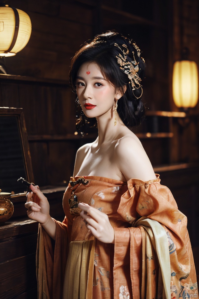 ((huadian)),((wide_shot:1.3)),High detail RAW color profile Picture of a stunning beautiful chinese girl against a copper_mirror in a golden house,put make-up on own face, and hand up brushing hair with Wooden comb,gauze,gold dress with embroidery,east_dragon_embroidery,chinese_emperor_costume,strapless,bandeau,((copper_mirror,gold_bed_sheet with red_trim:1.3)),ligth_blush,((holding a Wooden comb,hand on own head,side view,see-through:1.2)),(palace interior,chinese traditional wooden table,red_candles,candlestick),(lantern,censer,vase)background,traditional media,pavilion,chinese_architecture,((upper_body,bare_shoulders,open_mouth)),((solo_focus:1.3)),((Her low-tied_updo with jewelry_accessories,updo)),very_long_chain_earrings_with_green_drop,tiara,hair_ornament,((parted lips)),ancient,embroidery,((intricated details:1.2)),((32k,RAW photo,best quality, masterpiece:1.2)),(photorealistic,Realistic:1.37),cinematic dark lighting,film still,atmosphere,(ultra-detailed_face,detailed_eyes),long eyelashes,ultra-detailed skin and clothes,forehead,headwear,Her divine attire is resplendent with jewels,{{forehead_mark}}, ((detailed forehead_mark)),huadian, Light master,chinese dress,((Hanfu)),(low key,gloom),{{coverd_hand by long sleeves:1.3}},updo,chang,(cleavage:0.7),long sleeves,floral print, jjw,china dress,hanfu,print dress,robe,red and gold dress,man and a sexy woman cludding,beautiful volumetric-lighting-style atmosphere,