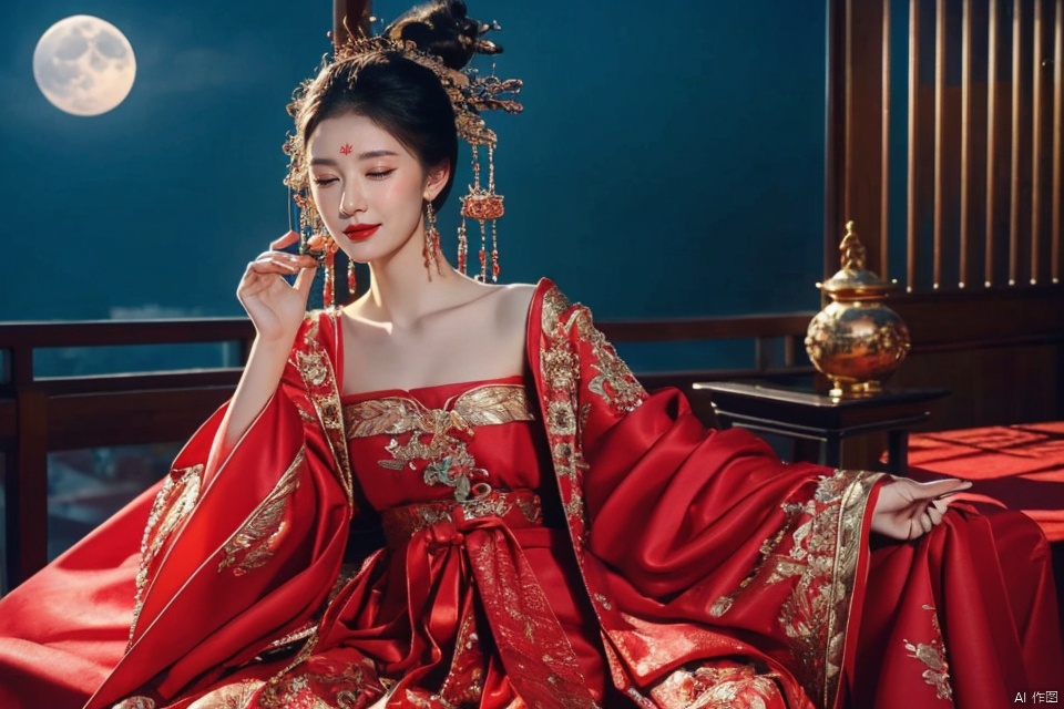  ((huadian)),wide_shot,High detail RAW color Picture of a stunning beautiful chinese girl drinking wine at tabel in rockery,red dress with gold embroidery,((half-closed_eyes,drunk,laying back)),dancing,(((night,sky,blush,moon:1.3))),Ancient wine pot,((full_body,bare_shoulders,light_smile)),((solo_focus:1.3)),((Her low-tied_updo with jewelry_accessories)),very_long_chain_earrings_with_green_drop,tiara,parted lips,very_long_hair,ancient,embroidery,((intricated details:1.2)),((32k,RAW photo,best quality, masterpiece:1.2)),(photorealistic,Realistic:1.37),cinematic dark lighting,film still,atmosphere,(ultra-detailed_face,detailed_eyes),long eyelashes,ultra-detailed skin and clothes,forehead,headwear,Her divine attire is resplendent with jewels,{{red_forehead_mark:1.2}}, ((detailed forehead_mark)),huadian, Light master,chinese dress,((red dress,Hanfu)),stone,outdoors,outside palace,leaf, (low key,gloom),tree,waterdrop,{{coverd_hand,Traditional bronze drinking vessels,chinese Bronze_ware_wine_vessels:1.3}},updo,veil,red forehead_mark,falling_petals, red and gold dress