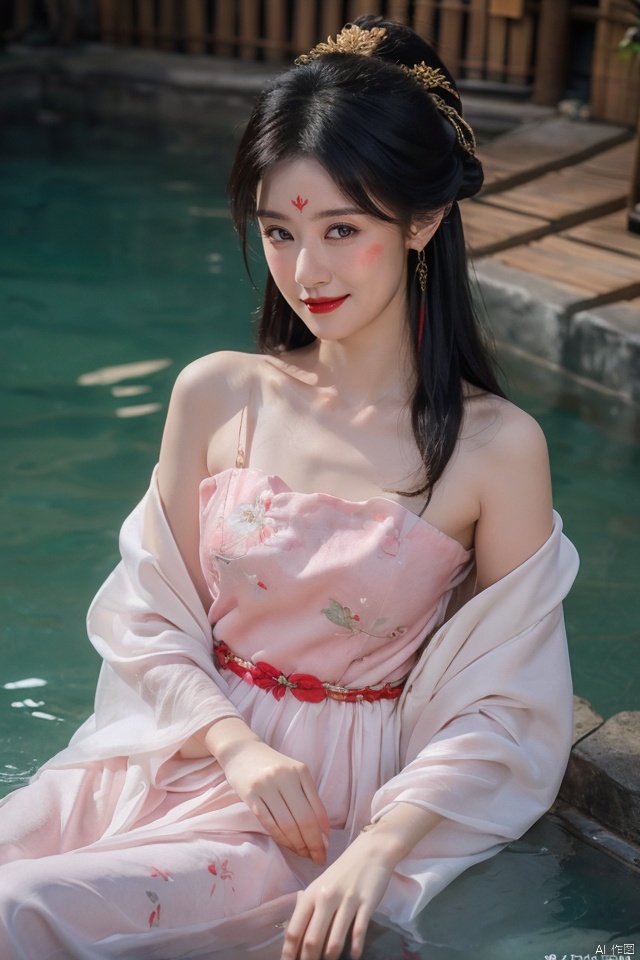  ((huadian)),((wide_shot,onsen,in onsen:1.3)),High detail RAW color Picture of a stunning beautiful chinese girl bathing in a hot_spring, the warm spring water washes her creamy skin,gold dress with embroidery,((from above,looking_at_viewer)),ligth_blush,reflection,(scenery,bucket,rock,rockery,fence,plant),traditional media,pavilion,chinese_architecture,((full_body,bare_shoulders,light_smile)),((solo_focus:1.3)),((Her low-tied_updo with jewelry_accessories)),very_long_chain_earrings_with_green_drop,tiara,hair_ornament,parted lips,very_long_hair,ancient,embroidery,((intricated details:1.2)),((32k,RAW photo,best quality, masterpiece:1.2)),(photorealistic,Realistic:1.37),cinematic dark lighting,film still,atmosphere,(ultra-detailed_face,detailed_eyes),long eyelashes,ultra-detailed skin and clothes,forehead,headwear,Her divine attire is resplendent with jewels,{{forehead_mark}}, ((detailed forehead_mark)),huadian, Light master,chinese dress,((Hanfu)),stone,outdoors,outside palace, (low key,gloom),{{coverd_hand by long sleeves:1.3}},updo,chang,(cleavage:0.7),long sleeves,floral print, jjw,china dress,hanfu,print dress,robe, onsen