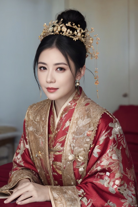 face_focus,((milf,looking at viewer:1.2)), (35 y.o.),portrait,updo,hair_bun, black_hair,(centered:1.2),red and gold dress,tiara,Red Dress,hanfu,chinese_clothes,east_asian_architecture,palace,Hair_decorations, embroidered flower patterns,bead_string, applique and embroidery,vibrant, outfit,front, colorful, solo,shirt,((1girl)),cold attitude,((wooden bed:1.2)),(intricated details:1.2),detailed face,detailed eyelashes,(8k, RAW photo, best quality, masterpiece:1.2), (realistic, photo-realistic:1.37), jjw,