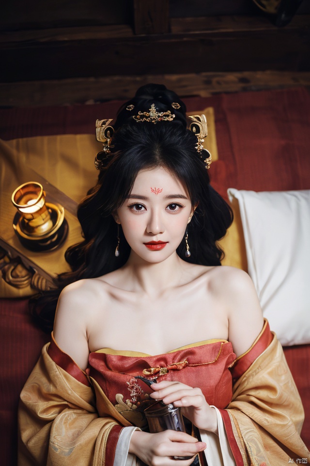((huadian)),((wide_shot:1.3)),High detail RAW color Picture of a stunning beautiful chinese girl laying back in a hibiscus tent,gauze_tent,gold dress with embroidery,east_dragon_embroidery,chinese_emperor_costume,bandeau,((gold_bed_sheet with red_trim:1.3)),((from above,looking_at_viewer)),ligth_blush,((see-through:1.2)),(palace interior,chinese traditional wooden bed,red_candles,candlestick,lantern,censer,vase),traditional media,pavilion,chinese_architecture,((upper_body,bare_shoulders,open_mouth)),((solo_focus:1.3)),((Her low-tied_updo with jewelry_accessories)),very_long_chain_earrings_with_green_drop,tiara,hair_ornament,((parted lips)),ancient,embroidery,((intricated details:1.2)),((32k,RAW photo,best quality, masterpiece:1.2)),(photorealistic,Realistic:1.37),cinematic dark lighting,film still,atmosphere,(ultra-detailed_face,detailed_eyes),long eyelashes,ultra-detailed skin and clothes,forehead,headwear,Her divine attire is resplendent with jewels,{{forehead_mark}}, ((detailed forehead_mark)),huadian, Light master,chinese dress,((Hanfu)),(low key,gloom),{{coverd_hand by long sleeves:1.3}},updo,chang,(cleavage:0.7),long sleeves,floral print, jjw,china dress,hanfu,print dress,robe,red and gold dress,man and a sexy woman cludding,beautiful volumetric-lighting-style atmosphere,
