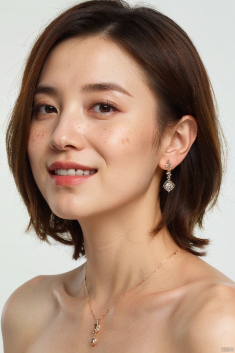  {High detail RAW color portrait of gorgeous woman},{{front view}},1girl,ultra_detailed_face,(((closed_mouth,looking at viewer:1.35))),detailed_eyes,songjia, solo, 1girl,milf, jewelry, earrings, realistic, necklace, simple background, looking at viewer, portrait, freckles, short hair, white background, smile, lips, eyelashes,{simple_background},((32k,RAW photo,best quality, masterpiece:1.2)),(photorealistic,Realistic),bokeh, ,hand up, laugh lines,upper body, songjia, Asian girl, Light master