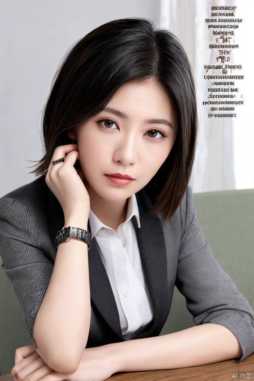 solo_focus,bracelet,((milf,looking at viewer,arms_down)), portrait,medium hair, black_hair,girl on magazine cover, (text,cover-style:1.2), fashionable, vibrant, outfit, posing, front, colorful, solo, looking at viewer, shirt,((1girl)), (eastern dragon:1.3),white_shirt inside,collared shirt,formal, suit,black suit,black necktie,Visual impact,A shot with tension,(upper body:1.1),cold attitude,detailed face,eyelashes, jjw