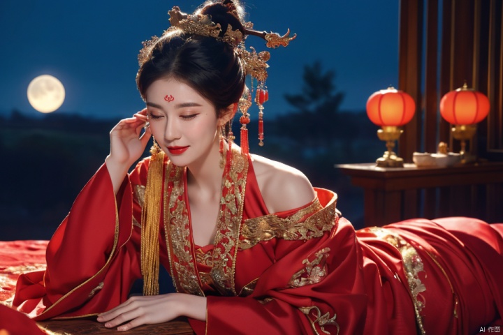  ((huadian)),wide_shot,High detail RAW color Picture of a stunning beautiful chinese girl drinking wine at tabel in rockery,red dress with gold embroidery,((half-closed_eyes,drunk,sleeping,head_rest,laying back)),dancing,(((night,sky,blush,moon:1.3))),Ancient wine pot,((full_body,bare_shoulders,light_smile)),((solo_focus:1.3)),((Her low-tied_updo with jewelry_accessories)),very_long_chain_earrings_with_green_drop,tiara,parted lips,very_long_hair,ancient,embroidery,((intricated details:1.2)),((32k,RAW photo,best quality, masterpiece:1.2)),(photorealistic,Realistic:1.37),cinematic dark lighting,film still,atmosphere,(ultra-detailed_face,detailed_eyes),long eyelashes,ultra-detailed skin and clothes,forehead,headwear,Her divine attire is resplendent with jewels,{{red_forehead_mark:1.2}}, ((detailed forehead_mark)),huadian, Light master,chinese dress,((red dress,Hanfu)),stone,outdoors,outside palace,leaf, (low key,gloom),tree,waterdrop,{{coverd_hand,Traditional bronze drinking vessels,chinese Bronze_ware_wine_vessels:1.3}},updo,veil,red forehead_mark,falling_petals, red and gold dress