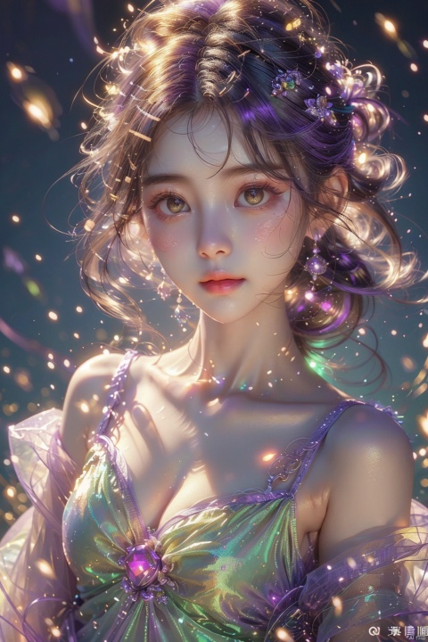 1 girl,(Purple light effect),hair ornament,jewelry,looking at viewer, (\meng ze\), wangyushan, dofas, hologram girl,流光,光效,散发, neon_dress,粒子, qzclothing_white, 1girl
