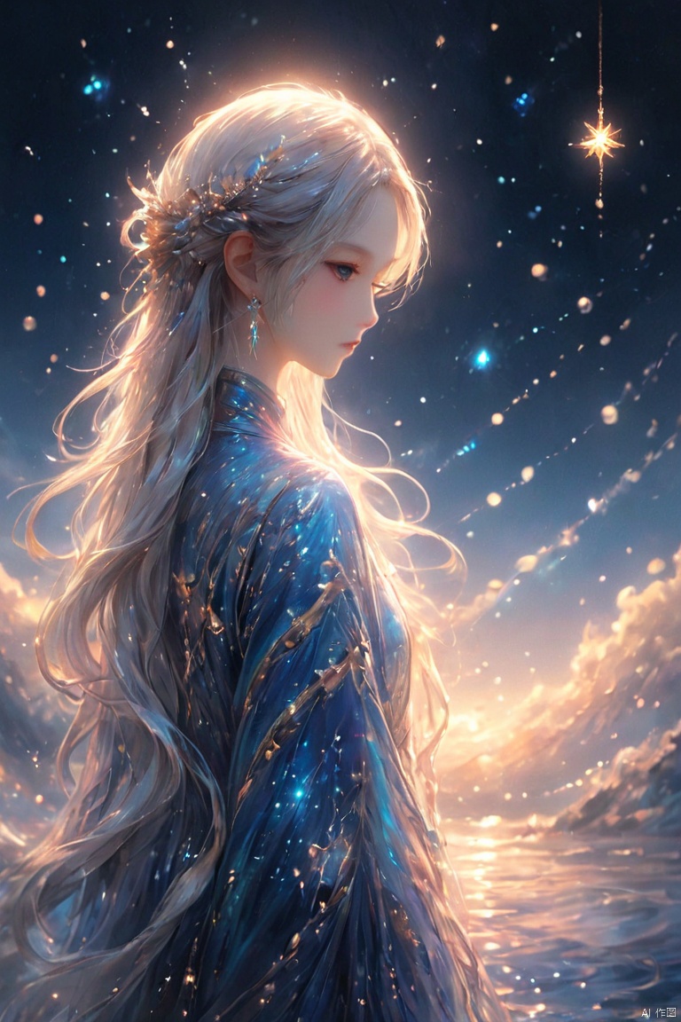  ((blue, silver, glimmer)), limited palette, contrast, phenomenal aesthetic, best quality, sumptuous artwork, (masterpiece), (best quality), (ultra-detailed), ((an extremely delicate and beautiful)), (detailed light), 1girl, cold theme, broken glass, broken wall, ((an array of stars)), ((starry sky)), the Milky Way, star, Reflecting the starry water surface, white hair, blinking, noline art, full Glass sphere, braid, barefoot, float, closed mouth, constel lation, flat color, holding, holding wand, looking up, standing, male focus, standing, solo, space, universe, utaite(singer), Nebula, many stars, cute girl, 11