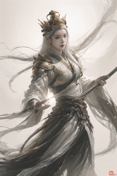 a woman with white hair holding a glowing ball in her hands, white haired deity, by Yang J, heise jinyao, inspired by Zhang Han, xianxia fantasy, flowing gold robes, inspired by Guan Daosheng, human and dragon fusion, cai xukun, inspired by Zhao Yuan, with long white hair, fantasy art style,,Ink scattering_Chinese style, smwuxia Chinese text blood weapon:sw, lotus leaf, (\shen ming shao nv\), gold armor, a boy_gmlwman, wunv,makeup,crown,tassel, , Armor