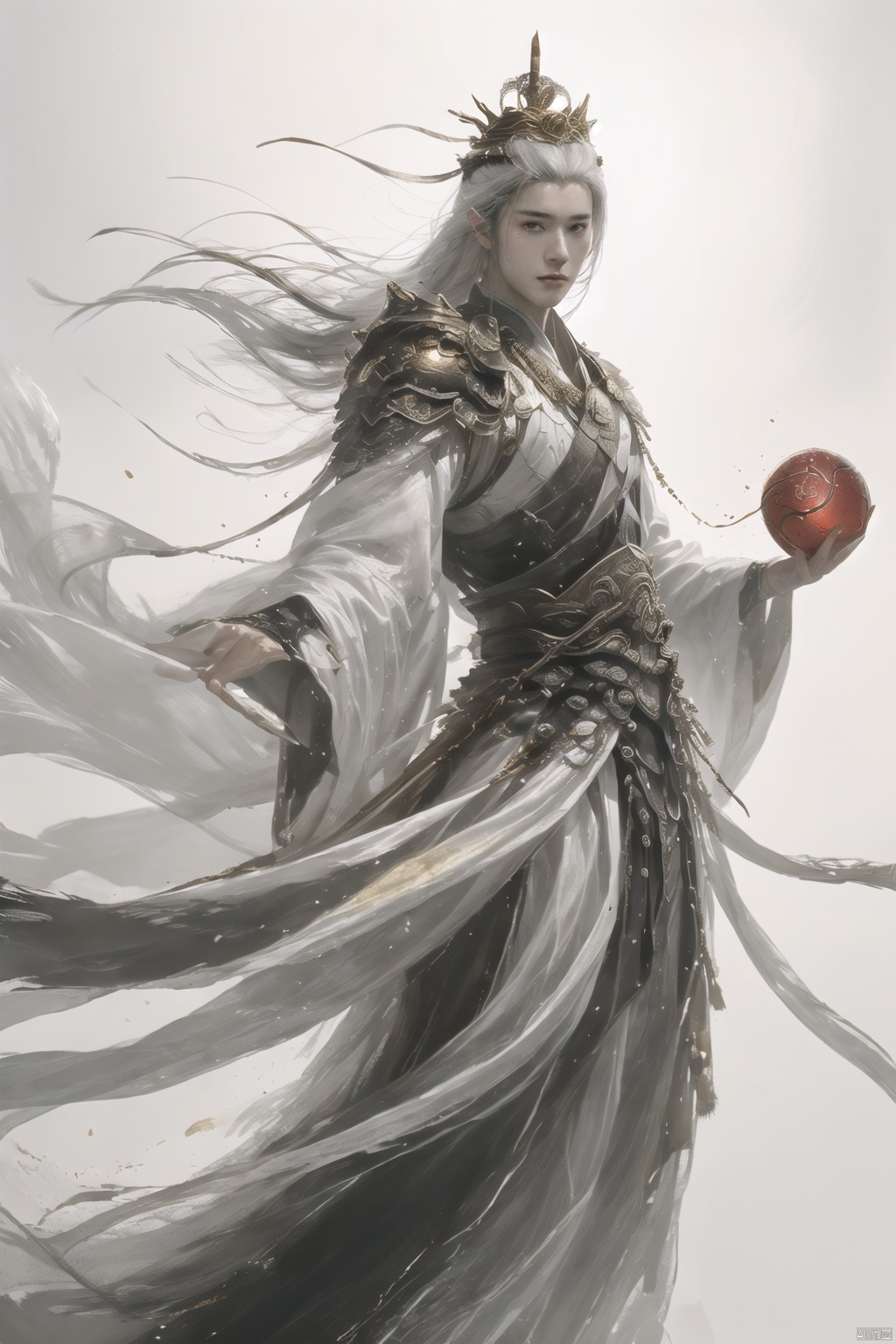 a woman with white hair holding a glowing ball in her hands, white haired deity, by Yang J, heise jinyao, inspired by Zhang Han, xianxia fantasy, flowing gold robes, inspired by Guan Daosheng, human and dragon fusion, cai xukun, inspired by Zhao Yuan, with long white hair, fantasy art style,,Ink scattering_Chinese style, smwuxia Chinese text blood weapon:sw, lotus leaf, (\shen ming shao nv\), gold armor, a boy_gmlwman, wunv,makeup,crown,tassel, , Armor
