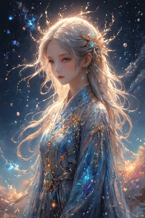  ((blue, silver, glimmer)), limited palette, contrast, phenomenal aesthetic, best quality, sumptuous artwork, (masterpiece), (best quality), (ultra-detailed), ((an extremely delicate and beautiful)), (detailed light), 1girl, cold theme, broken glass, broken wall, ((an array of stars)), ((starry sky)), the Milky Way, star, Reflecting the starry water surface, white hair, blinking, noline art, full Glass sphere, braid, barefoot, float, closed mouth, constel lation, flat color, holding, holding wand, looking up, standing, male focus, standing, solo, space, universe, utaite(singer), Nebula, many stars, cute girl, 11