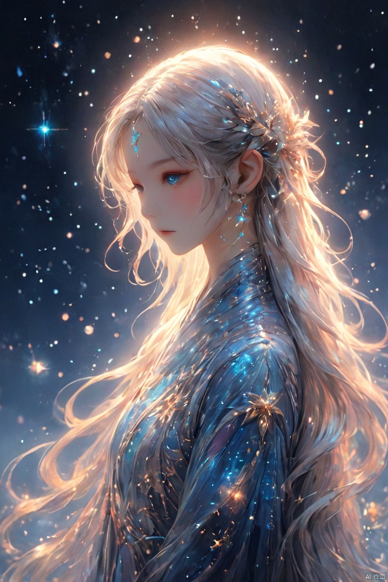  ((blue, silver, glimmer)), limited palette, contrast, phenomenal aesthetic, best quality, sumptuous artwork, (masterpiece), (best quality), (ultra-detailed), ((an extremely delicate and beautiful)), (detailed light), 1girl, cold theme, broken glass, broken wall, ((an array of stars)), ((starry sky)), the Milky Way, star, Reflecting the starry water surface, white hair, blinking, noline art, full Glass sphere, braid, barefoot, float, closed mouth, constel lation, flat color, holding, holding wand, looking up, standing, male focus, standing, solo, space, universe, utaite(singer), Nebula, many stars, cute girl, 11