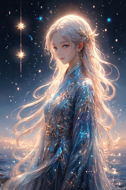  ((blue, silver, glimmer)), limited palette, contrast, phenomenal aesthetic, best quality, sumptuous artwork, (masterpiece), (best quality), (ultra-detailed), ((an extremely delicate and beautiful)), (detailed light), 1girl, cold theme, broken glass, broken wall, ((an array of stars)), ((starry sky)), the Milky Way, star, Reflecting the starry water surface, white hair, blinking, noline art, full Glass sphere, braid, barefoot, float, closed mouth, constel lation, flat color, holding, holding wand, looking up, standing, male focus, standing, solo, space, universe, utaite(singer), Nebula, many stars, cute girl, 11