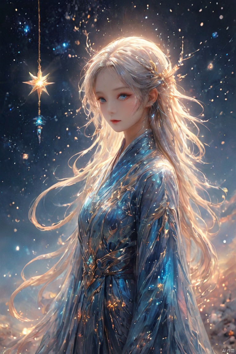  ((blue, silver, glimmer)), limited palette, contrast, phenomenal aesthetic, best quality, sumptuous artwork, (masterpiece), (best quality), (ultra-detailed), ((an extremely delicate and beautiful)), (detailed light), 1girl, cold theme, broken glass, broken wall, ((an array of stars)), ((starry sky)), the Milky Way, star, Reflecting the starry water surface, white hair, blinking, noline art, full Glass sphere, braid, barefoot, float, closed mouth, constel lation, flat color, holding, holding wand, looking up, standing, male focus, standing, solo, space, universe, utaite(singer), Nebula, many stars, cute girl, 11