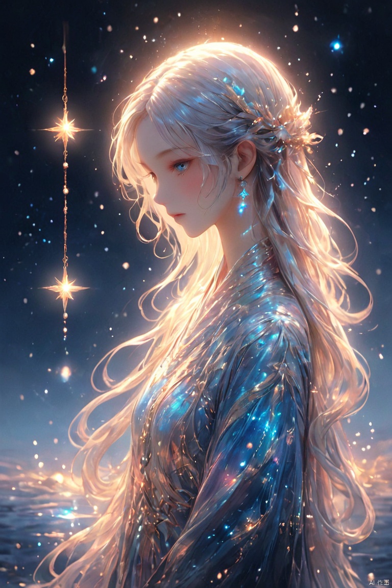  ((blue, silver, glimmer)), limited palette, contrast, phenomenal aesthetic, best quality, sumptuous artwork, (masterpiece), (best quality), (ultra-detailed), ((an extremely delicate and beautiful)), (detailed light), 1girl, cold theme, broken glass, broken wall, ((an array of stars)), ((starry sky)), the Milky Way, star, Reflecting the starry water surface, white hair, blinking, noline art, full Glass sphere, braid, barefoot, float, closed mouth, constel lation, flat color, holding, holding wand, looking up, standing, male focus, standing, solo, space, universe, utaite(singer), Nebula, many stars, cute girl, 11