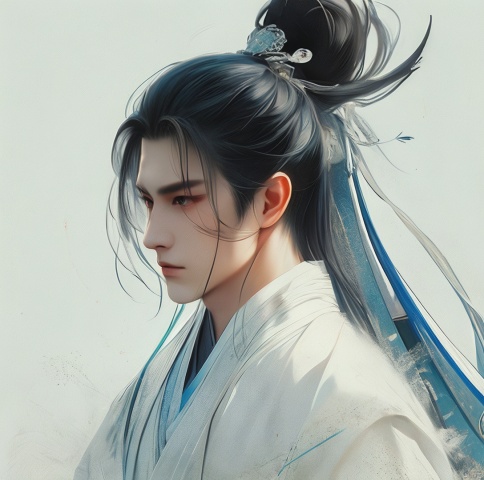  masterpiece, best quality, ultra high res, (extreme detailed), (1 handsome guy), (abstract art:1.4)visually stunning, beautiful, evocative, emotional, ((white background)), blue theme, Light master, (\meng ze\)，Dragon Robe Top，Masculinity，National Character Face，Tress styling，The right side
