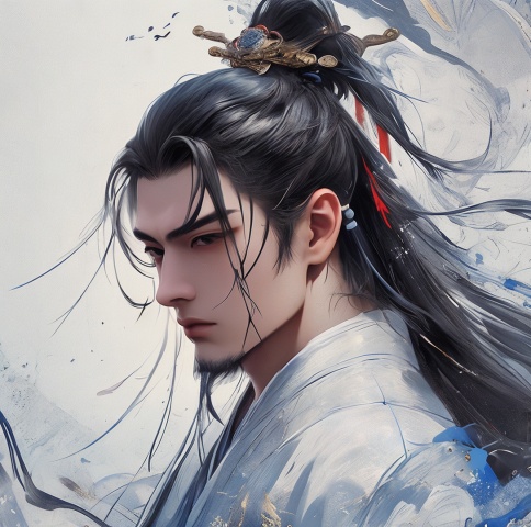  masterpiece, best quality, ultra high res, (extreme detailed), (1 handsome guy), (abstract art:1.4)visually stunning, beautiful, evocative, emotional, ((white background)), blue theme, Light master, (\meng ze\)，Dragon Robe Top，Masculinity