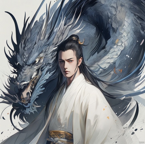  masterpiece, best quality, ultra high res, (extreme detailed), (1 handsome guy), (abstract art:1.4)visually stunning, beautiful, evocative, emotional, ((white background)), blue theme, Light master, (\meng ze\)，Dragon robe